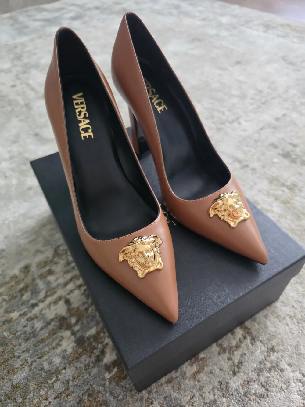 Versace Women's Brown Leather Pointed-Toe Pumps with Gold Medusa